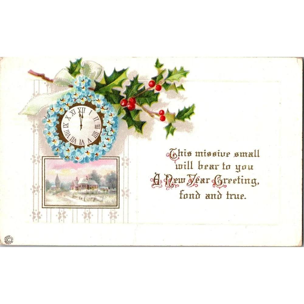 Vintage New Year Greeting Postcard‎ Clock Holly Berries Series 341 E
